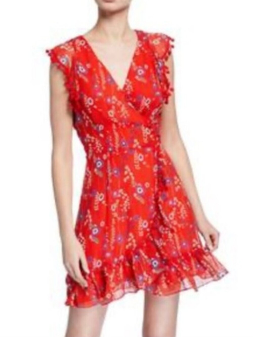 Anthropologie Allison New York Wrap Floral Dress Pom Pom Red Blue Size XS Women